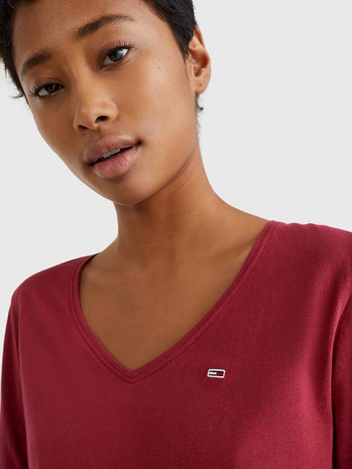 Red Tommy Hilfiger Essential V-Neck Long Sleeve Women's T Shirts | TH085GFC