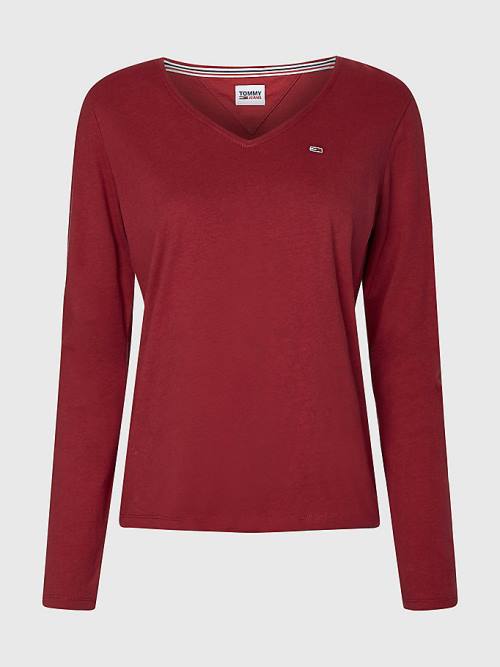 Red Tommy Hilfiger Essential V-Neck Long Sleeve Women's T Shirts | TH085GFC