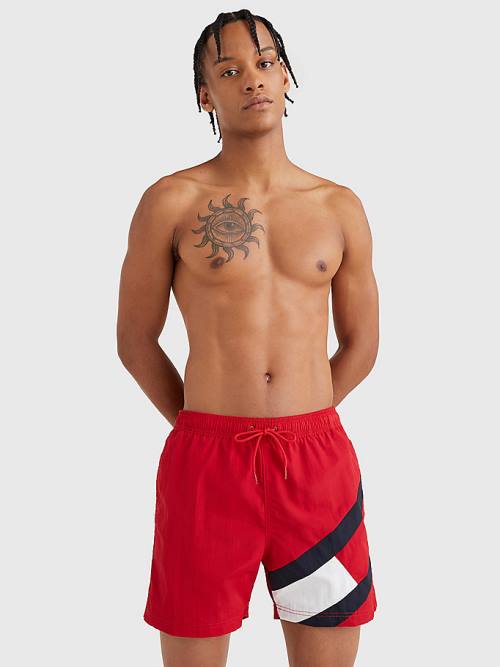 Red Tommy Hilfiger Flag Mid Length Drawstring Shorts Men's Swimwear | TH381EDU