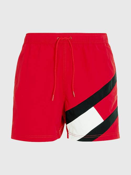 Red Tommy Hilfiger Flag Mid Length Drawstring Shorts Men's Swimwear | TH381EDU