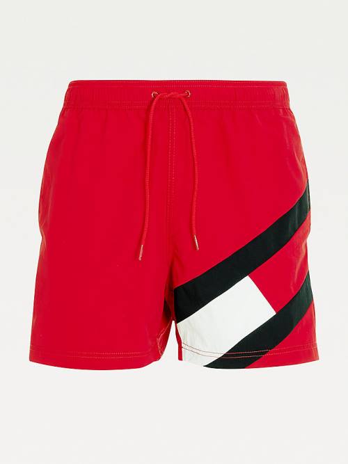 Red Tommy Hilfiger Flag Mid Length Drawstring Shorts Men's Swimwear | TH381EDU