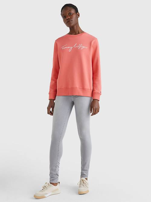 Red Tommy Hilfiger Graphic Crew Neck Women's Sweatshirts | TH986YHA