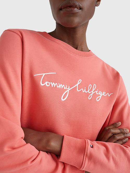 Red Tommy Hilfiger Graphic Crew Neck Women's Sweatshirts | TH986YHA