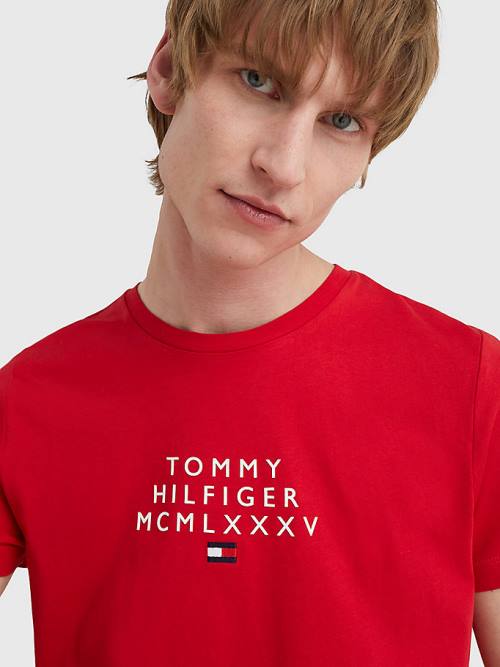 Red Tommy Hilfiger Graphic Logo Men's T Shirts | TH278VDB