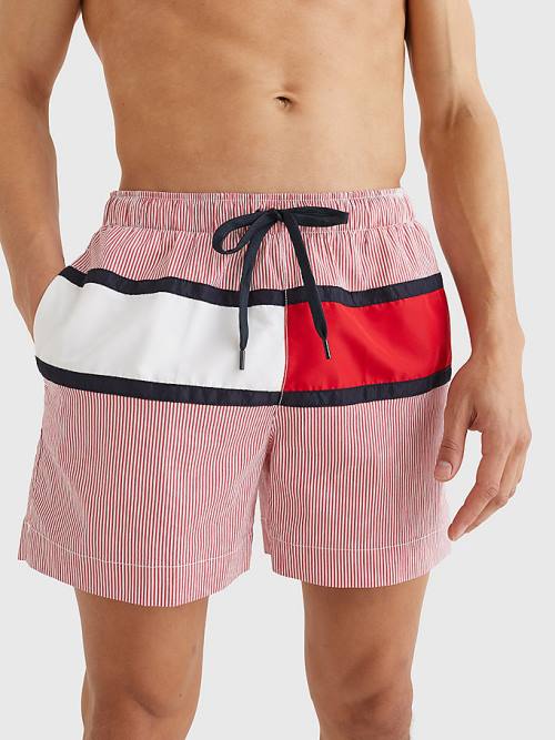 Red Tommy Hilfiger Ithaca Stripe Colour-Blocked Mid Length Shorts Men\'s Swimwear | TH248IQP