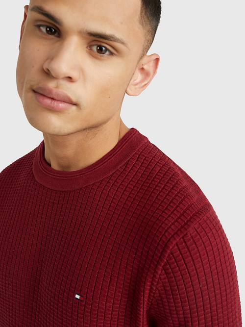 Red Tommy Hilfiger Knitted Grid Check Crew Neck Jumper Men's Sweaters | TH953IUQ