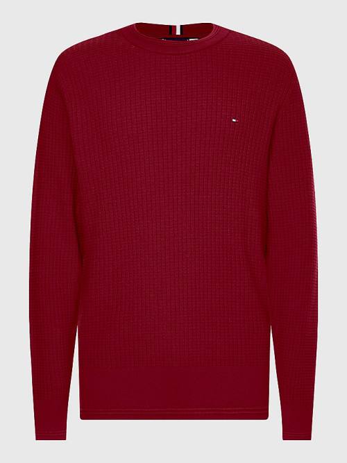 Red Tommy Hilfiger Knitted Grid Check Crew Neck Jumper Men's Sweaters | TH953IUQ