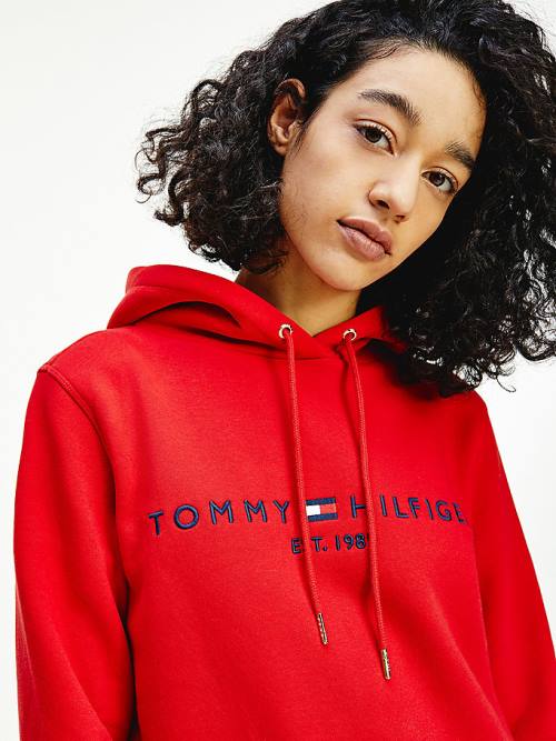 Red Tommy Hilfiger Logo Drawstring Regular Fit Women's Hoodie | TH296GKQ