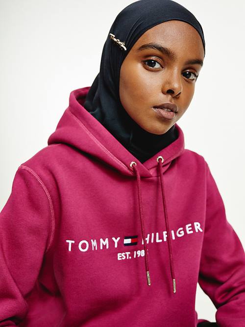 Red Tommy Hilfiger Logo Drawstring Regular Fit Women's Hoodie | TH629KAE