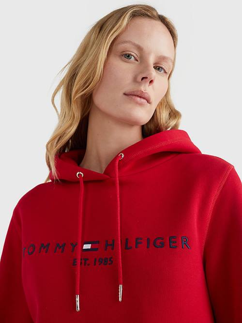 Red Tommy Hilfiger Logo Drawstring Regular Fit Women's Hoodie | TH812UGM