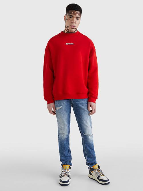 Red Tommy Hilfiger Logo Dropped Shoulders Men's Sweatshirts | TH860GAN