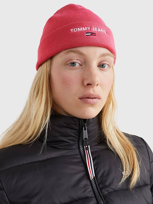 Red Tommy Hilfiger Logo Embroidery Beanie Women's Hats | TH834RLK