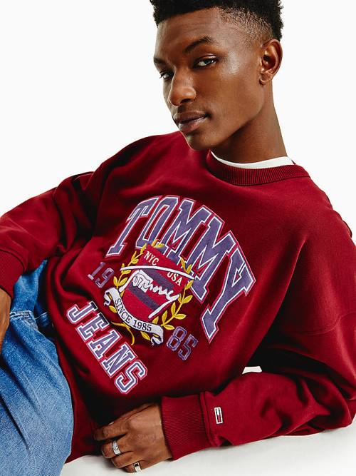 Red Tommy Hilfiger Logo Fleece Men's Sweatshirts | TH328YFH