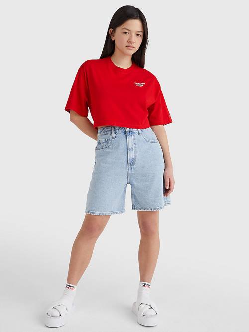 Red Tommy Hilfiger Logo Tape Oversized Cropped Women's T Shirts | TH870GDS