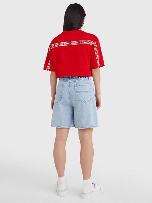 Red Tommy Hilfiger Logo Tape Oversized Cropped Women's T Shirts | TH870GDS