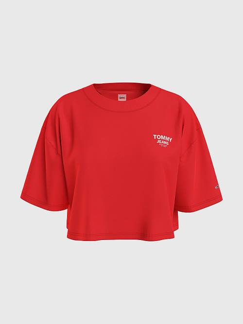 Red Tommy Hilfiger Logo Tape Oversized Cropped Women's T Shirts | TH870GDS