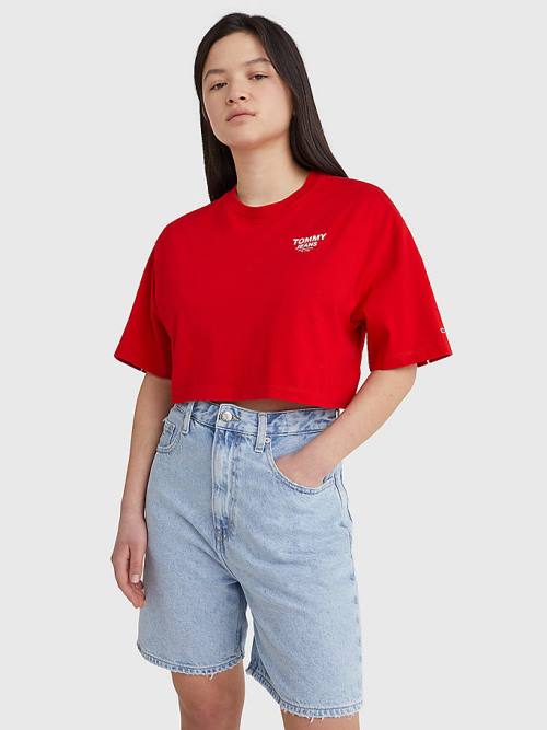 Red Tommy Hilfiger Logo Tape Oversized Cropped Women\'s T Shirts | TH870GDS