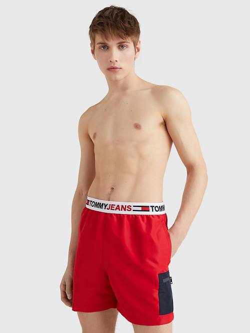 Red Tommy Hilfiger Logo Waistband Mid Length Shorts Men's Swimwear | TH052DRE