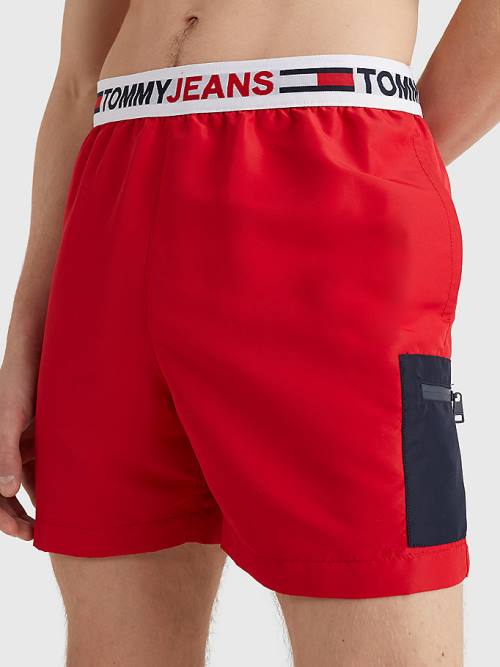 Red Tommy Hilfiger Logo Waistband Mid Length Shorts Men's Swimwear | TH052DRE