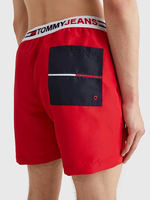 Red Tommy Hilfiger Logo Waistband Mid Length Shorts Men's Swimwear | TH052DRE