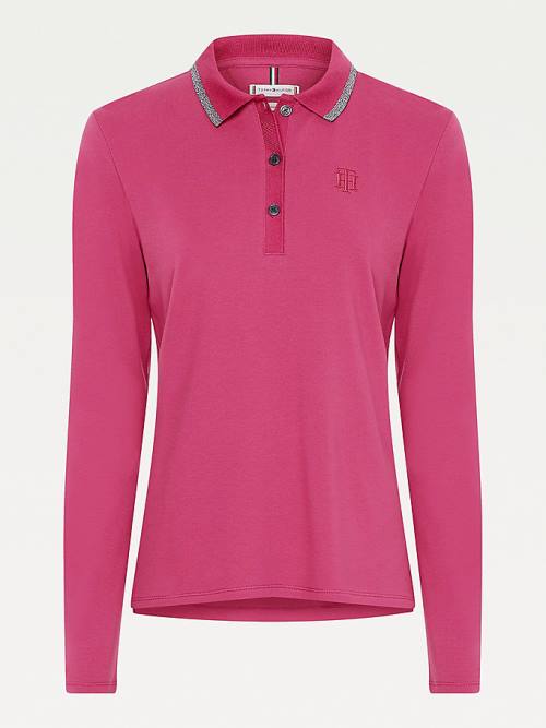 Red Tommy Hilfiger Long Sleeve Metallic Trim Women's Polo Shirts | TH246QCI