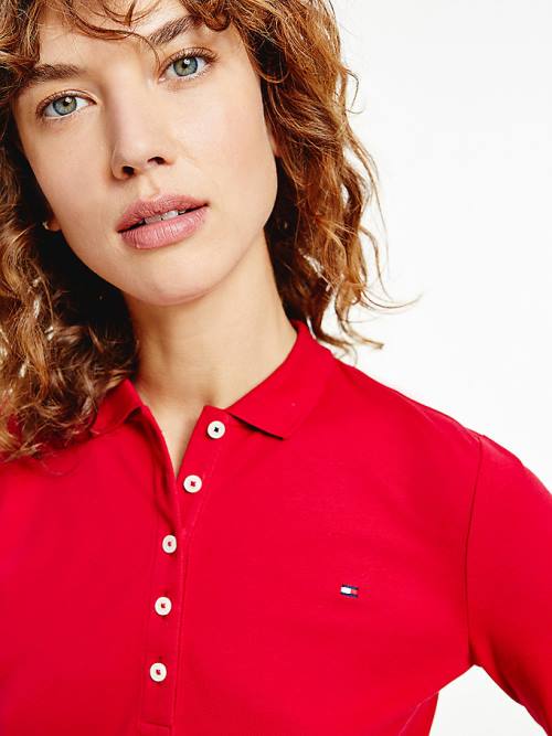 Red Tommy Hilfiger Long Sleeve Slim Fit Women's Polo Shirts | TH134PWF