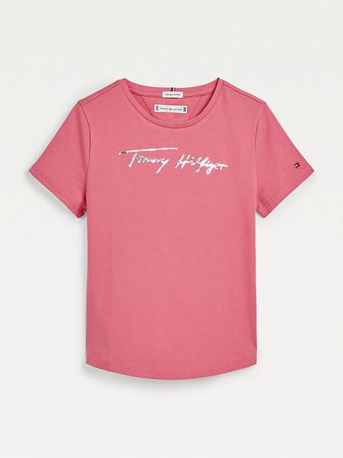 Red Tommy Hilfiger Metallic Signature Logo Girls\' T Shirts | TH890MBL