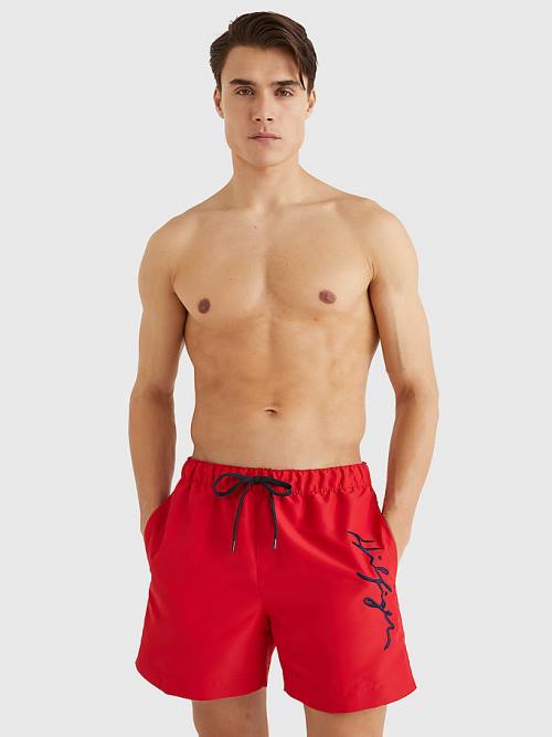 Red Tommy Hilfiger Mid Length Signature Logo Shorts Men's Swimwear | TH025MXI