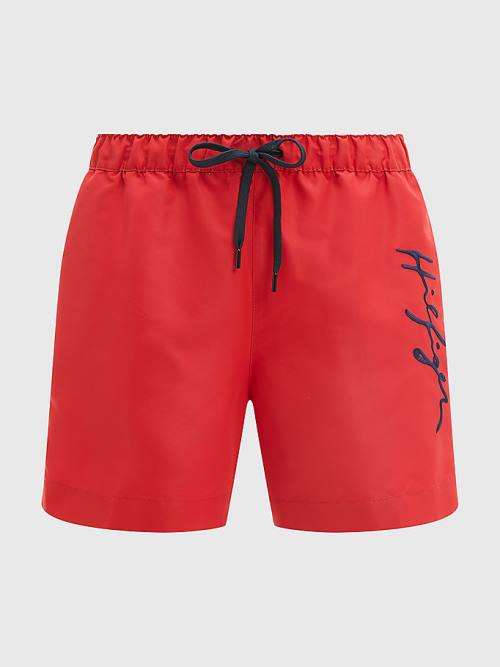 Red Tommy Hilfiger Mid Length Signature Logo Shorts Men's Swimwear | TH025MXI