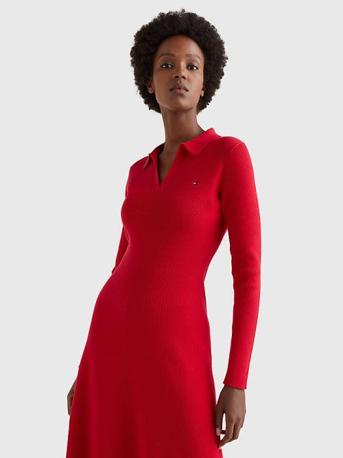 Red Tommy Hilfiger Organic Cotton Slim Fit Polo Women's Dress | TH081KCM