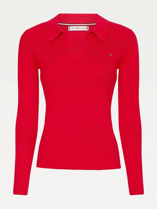 Red Tommy Hilfiger Organic Cotton Slim Fit Polo Jumper Women's Sweaters | TH652EYK