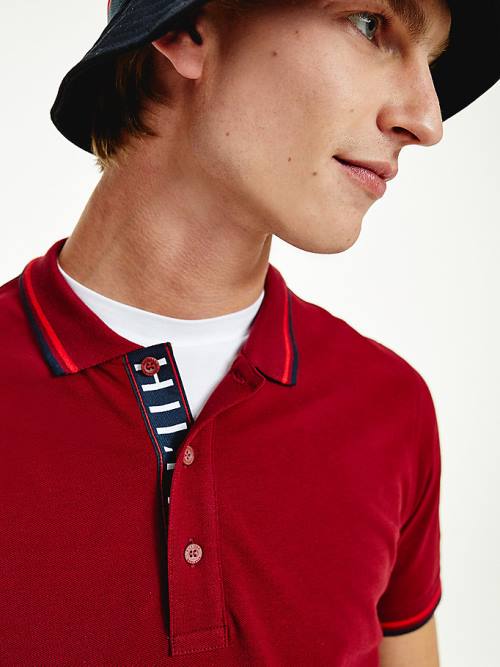 Red Tommy Hilfiger Organic Cotton Tipped Slim Fit Men's Polo Shirts | TH851YKF