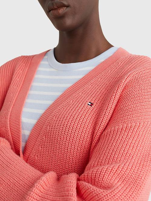 Red Tommy Hilfiger Organic Cotton V-Neck Relaxed Fit Cardigan Women's Sweaters | TH076PYW