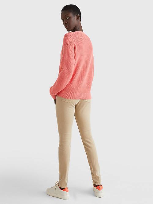 Red Tommy Hilfiger Organic Cotton V-Neck Relaxed Fit Cardigan Women's Sweaters | TH076PYW