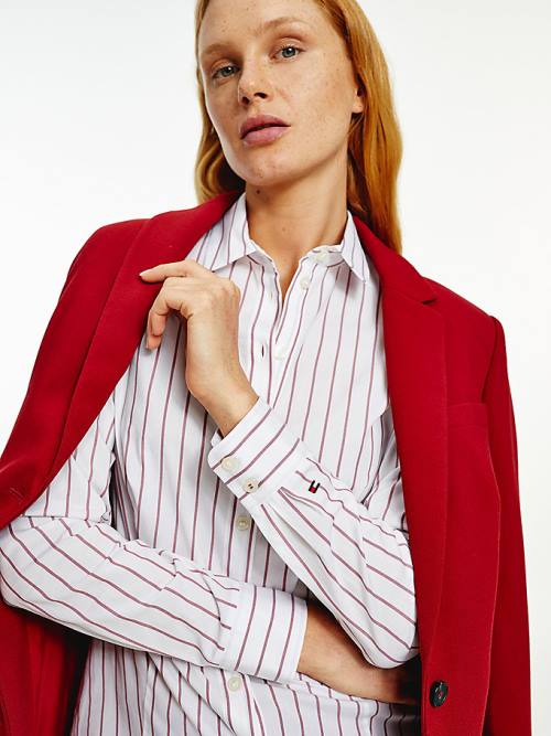 Red Tommy Hilfiger Pinstripe Slim Fit Women's Shirts | TH807ZFB