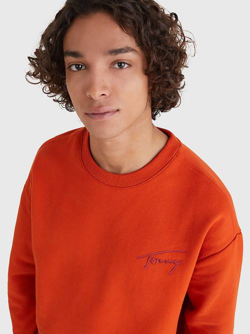 Red Tommy Hilfiger Recycled Signature Logo Relaxed Men's Sweatshirts | TH136MNI