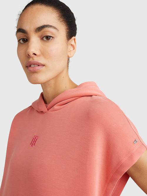 Red Tommy Hilfiger Relaxed Fit Short Sleeve Women's Hoodie | TH732UYP