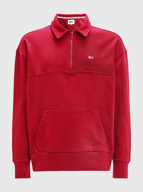 Red Tommy Hilfiger Reversible Relaxed Fit Half-Zip Men's Sweatshirts | TH264UFB