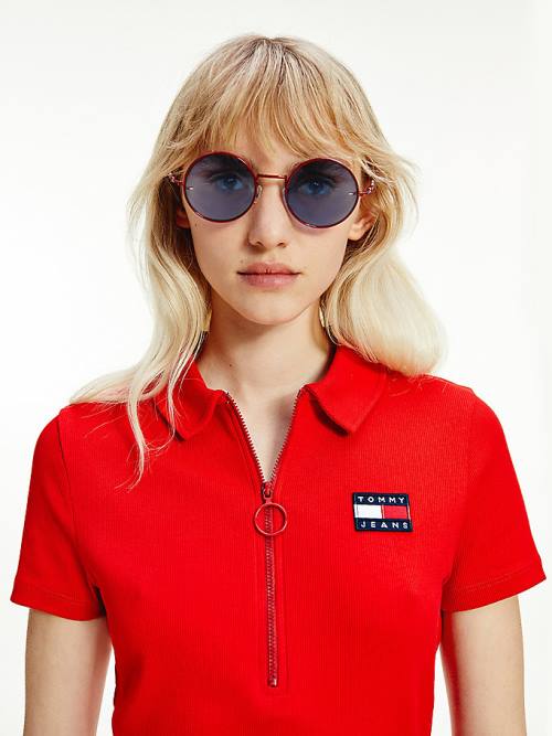 Red Tommy Hilfiger Round Frame Women's Sunglasses | TH257KUR