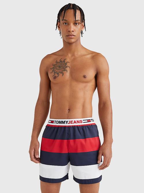 Red Tommy Hilfiger Rugby Stripe Mid Length Shorts Men's Swimwear | TH295WBM