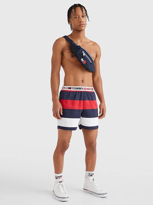 Red Tommy Hilfiger Rugby Stripe Mid Length Shorts Men's Swimwear | TH295WBM