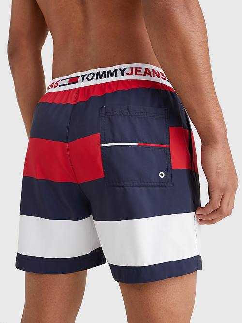 Red Tommy Hilfiger Rugby Stripe Mid Length Shorts Men's Swimwear | TH295WBM