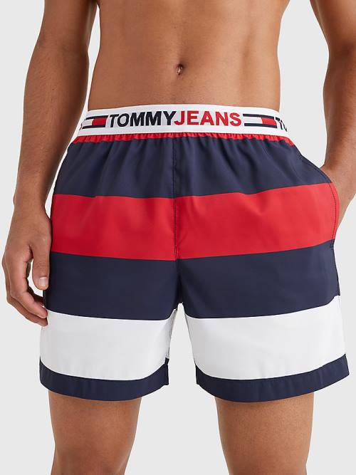 Red Tommy Hilfiger Rugby Stripe Mid Length Shorts Men\'s Swimwear | TH295WBM