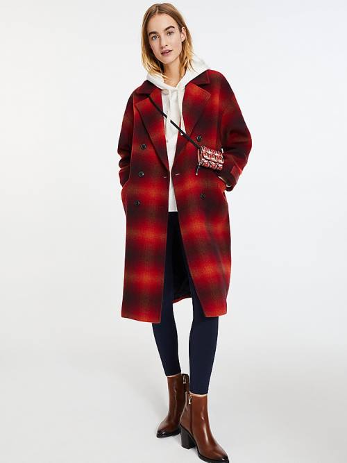 Red Tommy Hilfiger Shadow Check Wool Blend Women\'s Coats | TH879KWF