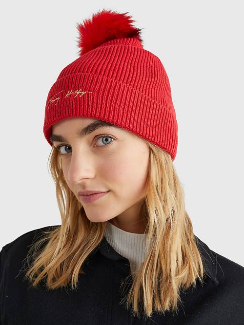 Red Tommy Hilfiger Signature Pom Pom Beanie Women's Hats | TH672XLA