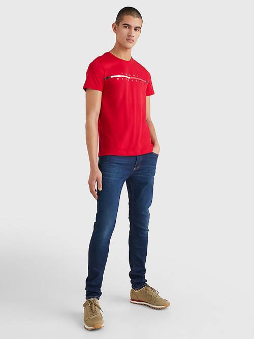 Red Tommy Hilfiger Signature Split Logo Men's T Shirts | TH803MDS