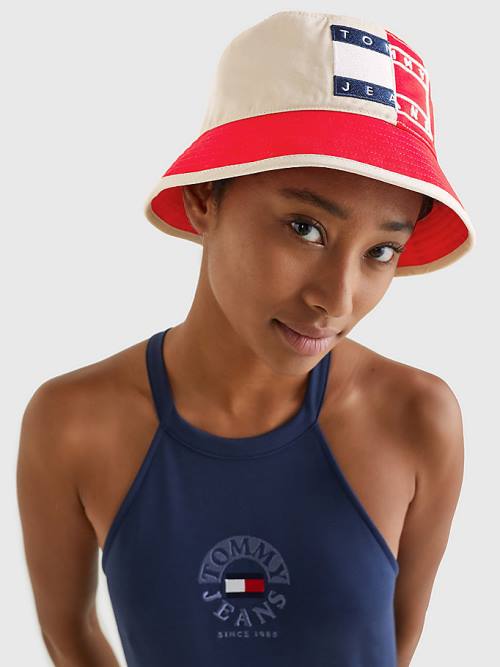 Red Tommy Hilfiger Spliced Logo Colour-Blocked Bucket Women's Hats | TH938VFD