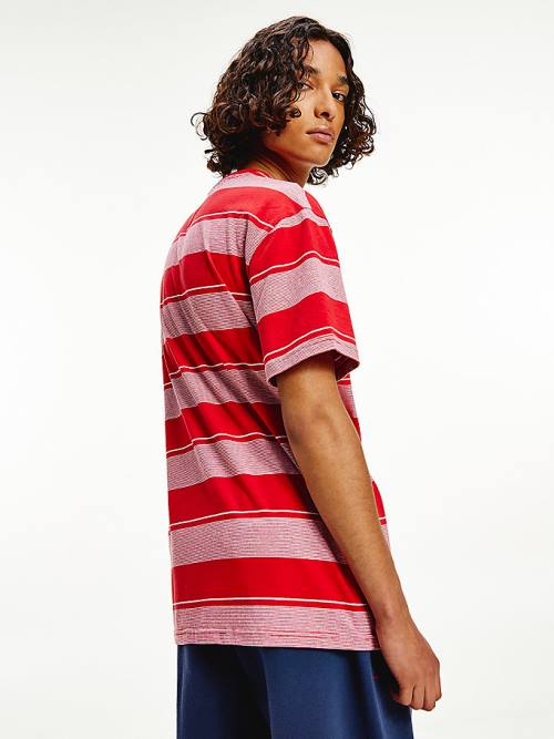 Red Tommy Hilfiger Stripe Badge Relaxed Fit Men's T Shirts | TH651JEN