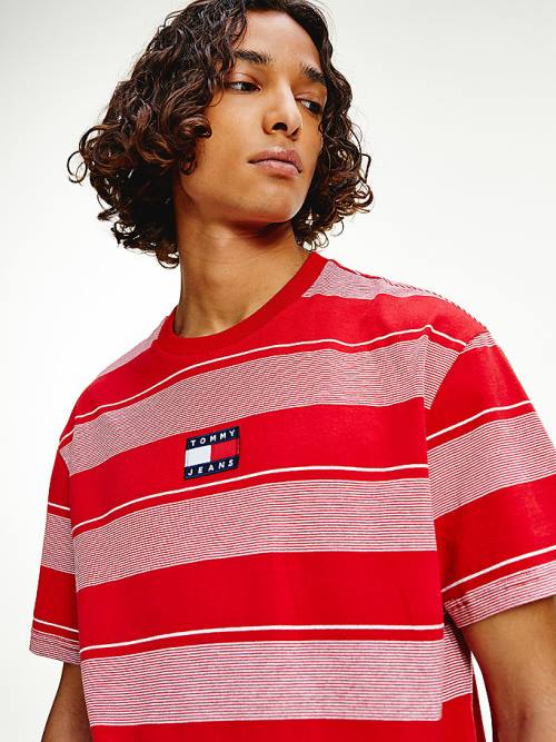 Red Tommy Hilfiger Stripe Badge Relaxed Fit Men's T Shirts | TH651JEN