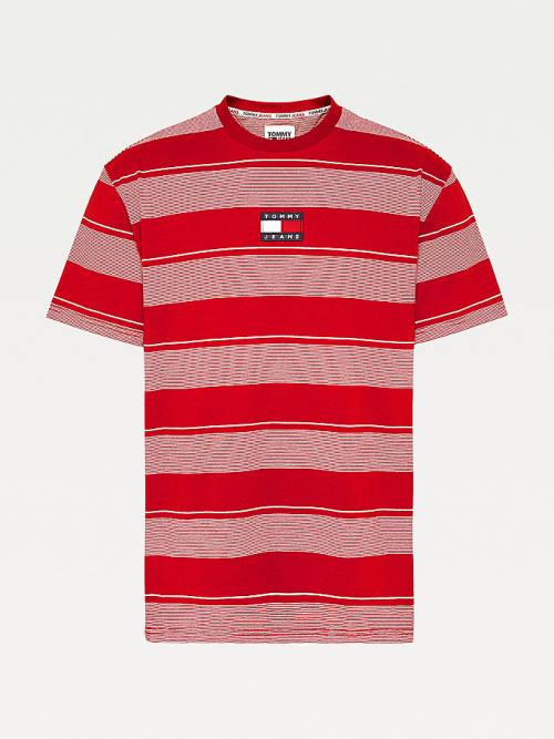 Red Tommy Hilfiger Stripe Badge Relaxed Fit Men's T Shirts | TH651JEN